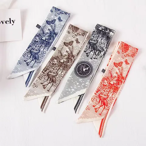 Dames Mode Satijn Sjaal Retro Vogel Print Twilly Sjaal Veelzijdige Lange Hals Sjaal Hoofdband Tas Lint Accessoire