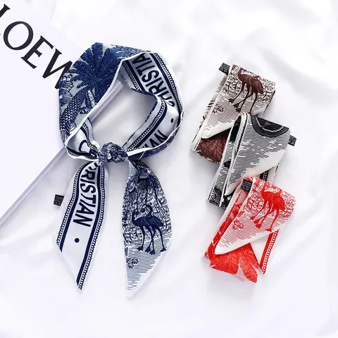 Dames Mode Satijn Sjaal Retro Vogel Print Twilly Sjaal Veelzijdige Lange Hals Sjaal Hoofdband Tas Lint Accessoire