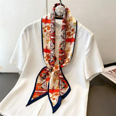Dames Mode Lange Polyester Sjaal Lente Zomer Lichte Nek Sjaal Vintage Bloemenprint Tas Lint Handtas Lint