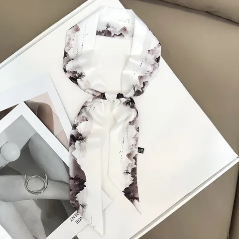 Dames Mode Satijn Sjaal Vintage Bedrukte Lange Strip Twilly Lint Voor Handtassen Haar Hoofddoek