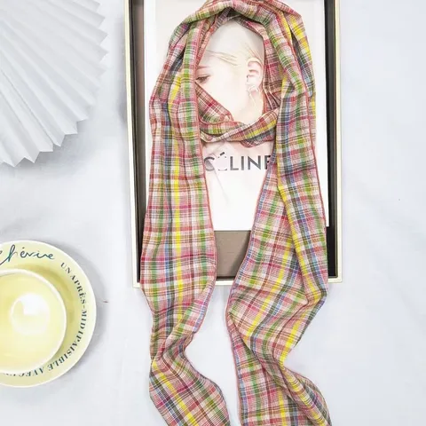 Women Plaid Triangle Scarf French Vintage Dopamine Neck Scarf Lightweight Polyester Hair Bandana For Daily Photo