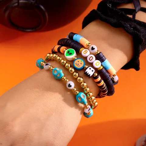 Halloween Braccialetto di Perline in Argilla Polimerica Fatto a Mano Set Personalizzato Punk Zucca Teschio Fantasma Lettera Elastico Braccialetti per Donna Uomo Festa Gioielli Regalo