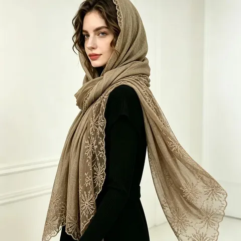 Dames Mode Sjaal Katoen-Linnen Mix Kant Verbinding Geborduurde Bloemen Sjaal Elegante Dagelijkse Wikkel Dames Hals Sjaal