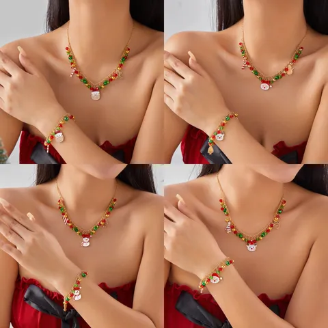Christmas Pendant Necklace Bracelet Set Alloy Rhinestone Santa Claus Gingerbread Man Candy Cane Beads Jewelry Women Xmas Party