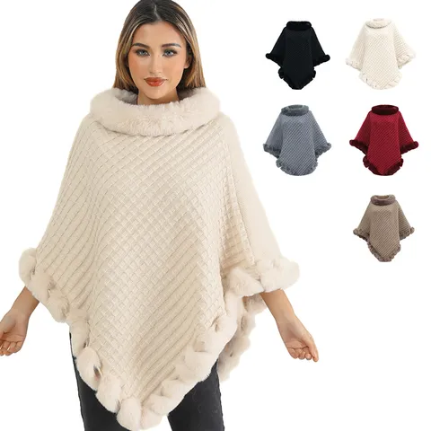 Women's Pullover Poncho Shawl With Faux Rabbit Fur Collar Irregular Knitted Cloak Oversized Waffle Knit Cape Top For Winter