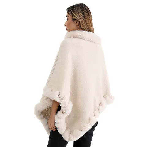 Women's Pullover Poncho Shawl With Faux Rabbit Fur Collar Irregular Knitted Cloak Oversized Waffle Knit Cape Top For Winter