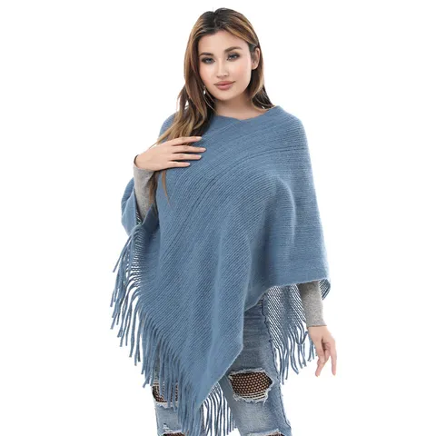 Women European Style Solid Color Pullover Poncho Shawl With Long Tassels Polyester Jacquard Knit Cloak Wrap Warm Smock