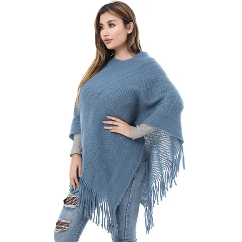Women European Style Solid Color Pullover Poncho Shawl With Long Tassels Polyester Jacquard Knit Cloak Wrap Warm Smock