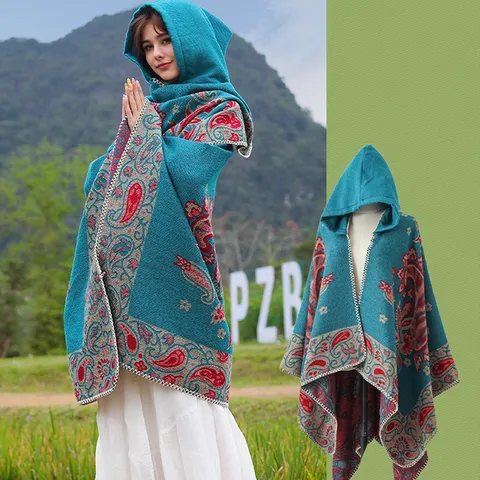 Damen Paisley Poncho Schal Mit Kapuze Wendbar Jacquard Acryl Polyester Schal Dick Warm Boho Umhang Cape Wickeltuch