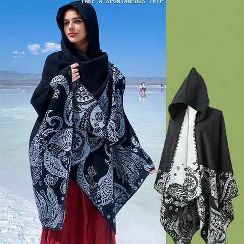 Women Thickened Hooded Knit Paisley Poncho Shawl Vintage Bohemian Ethnic Warm Large Jacquard Cloak Cape For Outdoor Travel