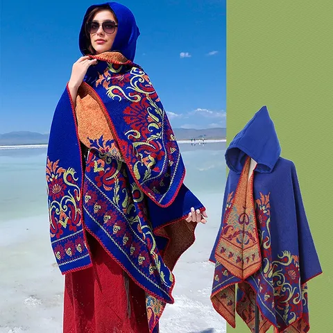 Ethnic Style Hooded Knitted Poncho Shawl Bohemian Jacquard Thickened Warm Cape Blanket For Women Outdoor Travel Photography