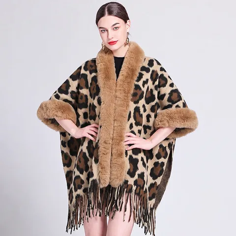 Damen Strick Poncho Schal Mit Kunstpelzkragen Leopardenmuster Kariert Winter Warm Quasten Cape Wrap Bovenkleding