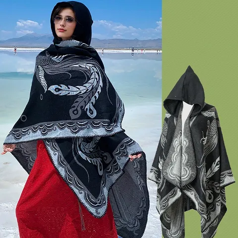 Damen Kapuzen Schal Umhang Ethno Phönix Muster Verdickt Winter Warm Poncho Gewebt Jacquard Reise Wickelschal Kapuzen Strickjacke