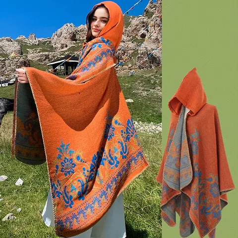 Ethnic Style Hooded Knitted Poncho Shawl Bohemian Jacquard Thickened Warm Cape Blanket For Women Outdoor Travel Photography