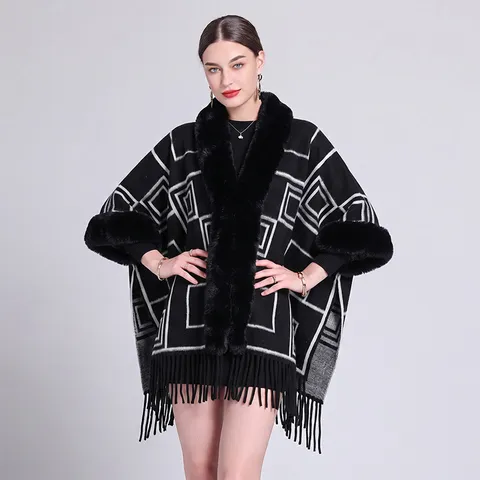 Europäische Mode Damen Kunstkaninchenfell Kragen Poncho Schal Jacquard Geometrisches Warmes Cape Quaste Fransen Strickjacke