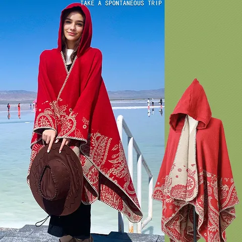 Women Thickened Hooded Knit Paisley Poncho Shawl Vintage Bohemian Ethnic Warm Large Jacquard Cloak Cape For Outdoor Travel