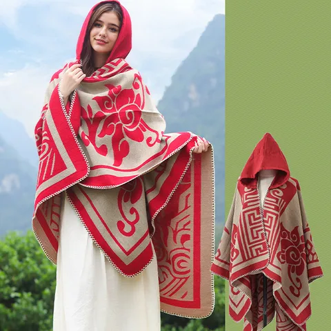 Boho-Strickponcho Mit Kapuze Schal Kaschmirähnliches Acryl Polyester Jacquard Quasten Umhang Damen Winter Warm Outdoor