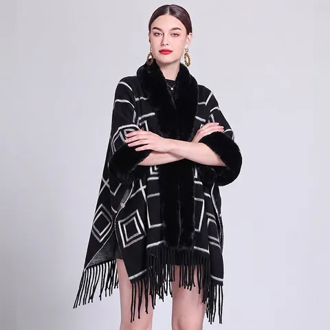 Europäische Mode Damen Kunstkaninchenfell Kragen Poncho Schal Jacquard Geometrisches Warmes Cape Quaste Fransen Strickjacke