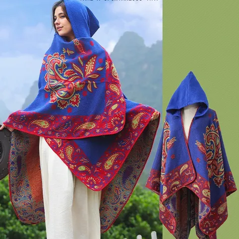 Damen Paisley Poncho Schal Mit Kapuze Wendbar Jacquard Acryl Polyester Schal Dick Warm Boho Umhang Cape Wickeltuch