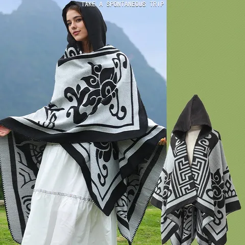 Boho-Strickponcho Mit Kapuze Schal Kaschmirähnliches Acryl Polyester Jacquard Quasten Umhang Damen Winter Warm Outdoor