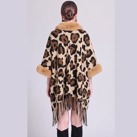 Damen Strick Poncho Schal Mit Kunstpelzkragen Leopardenmuster Kariert Winter Warm Quasten Cape Wrap Bovenkleding