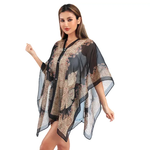 Boho Paisley Bedruckter Strand Cover Up Für Damen Polyester Sonnenschutz Schal Bikini Wrap Top Mit Künstlichen Perlenknöpfen