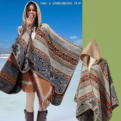 Damen Ethno Boho Kapuzenumhang Schal Verdickt Warm Quasten Poncho Cape Winter Herbst Reisen Strickjacke Jacquard Tuch