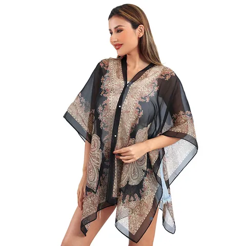 Boho Paisley Bedruckter Strand Cover Up Für Damen Polyester Sonnenschutz Schal Bikini Wrap Top Mit Künstlichen Perlenknöpfen