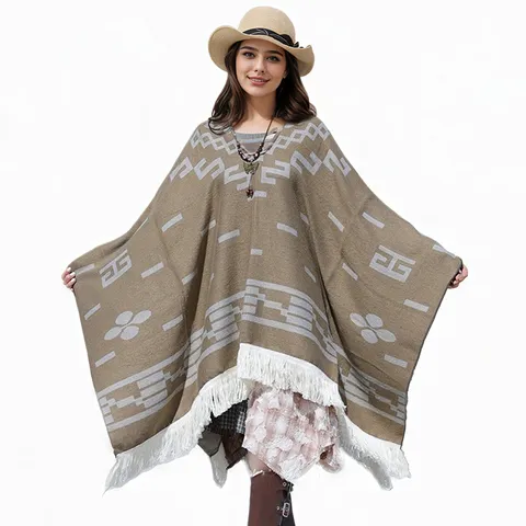 Damen Geometrischer Quasten Schal Poncho Gewebter Jacquard Lockerer Mittellanger Umhang Warmer Euro Amerikanischer Streetwear Mantel