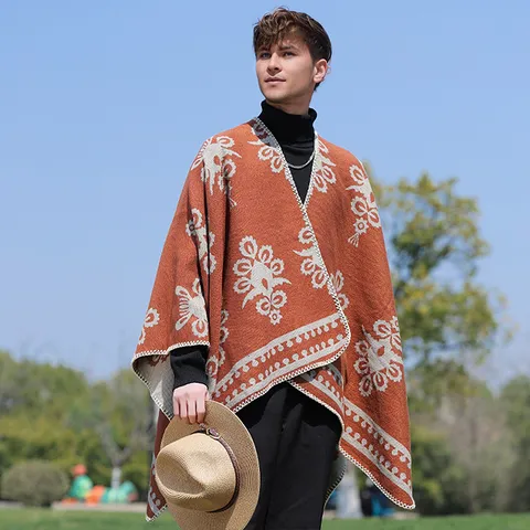 Western Streetwear Polyester Gestrickter Schal Cape Mit Quaste Ethnisch Geometrisch Jacquard Dick Warm Schal Für Unisex Reise Outdoor Cape