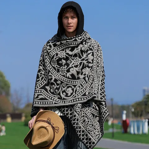 Herren Retro Jacquard Gestrickt Poncho Schal Kapuzen Vorne Offen Cape Mit Quasten Geometrisch Fransen Mantel Für Outdoor Winter