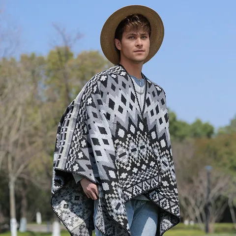 Western Street Striped Geometric Diamond Knit Shawl Cape With Tassel Accent Warm Polyester Split Poncho For Men Women Outdoor