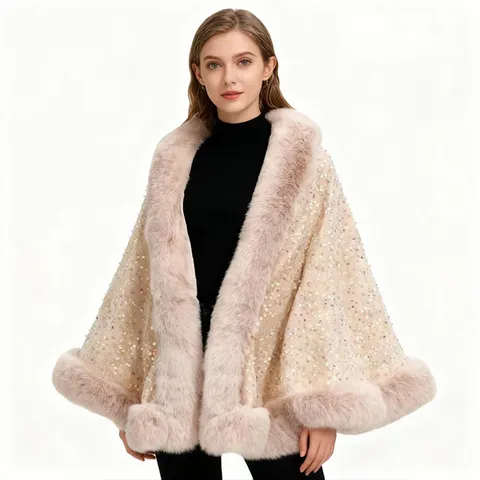Damen Pailletten Kunstfellkragen Umhang Cape Herbst Winter Verdickt Warm Schultertuch Mode Einfarbig Glitzer Abend Wrap Top