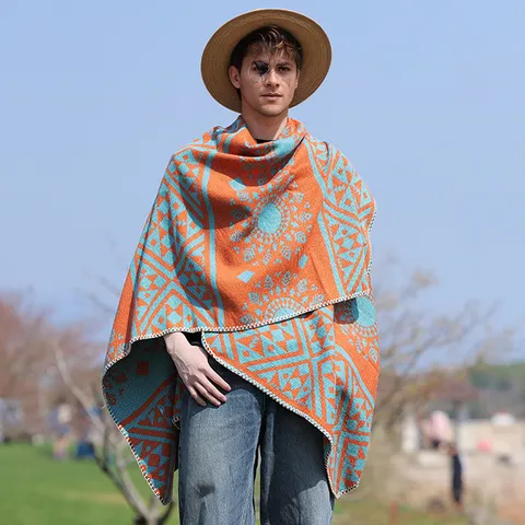Herren Retro Jacquard Geometrischer Poncho Umhang Ethno Quasten Vorne Offen Schal Wrap Winter Warm Polyester Schal Streetwear