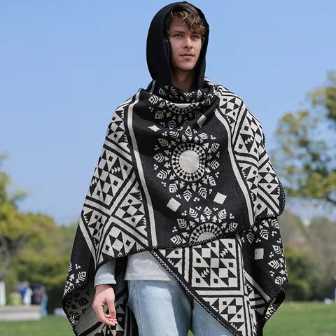 Herren Kapuzen Strick Poncho Umhang Böhmisch Geometrisch Jacquard Schal Acryl Warm Geteilter Wickel Umhang Für Outdoor Reisen Herren Oberbekleidung