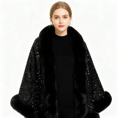 Damen Pailletten Kunstfellkragen Umhang Cape Herbst Winter Verdickt Warm Schultertuch Mode Einfarbig Glitzer Abend Wrap Top
