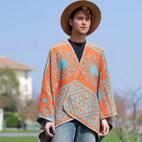 Herren Retro Jacquard Geometrischer Poncho Umhang Ethno Quasten Vorne Offen Schal Wrap Winter Warm Polyester Schal Streetwear