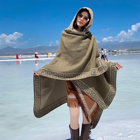 Dames Gebreide Poncho Met Capuchon Boheems Grieks Patroon Geometrisch Open Voorkant Warme Acryl Sjaal Voor Reizen Winter