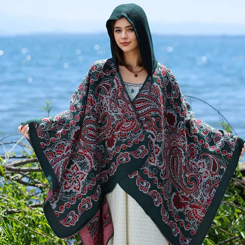 Boho Blumen Paisley Jacquard Kapuzenponcho Cape Lässig Gespalten Warm Strickschal Umhang Oberbekleidung Für Damen
