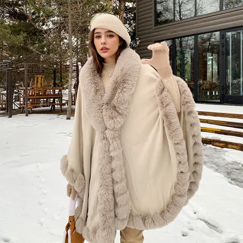 Faux Fur Collar Cape Cloak For Women Mid Length Solid Color Winter Warm Outerwear Shawl Acrylic Artificial Wool Jacquard