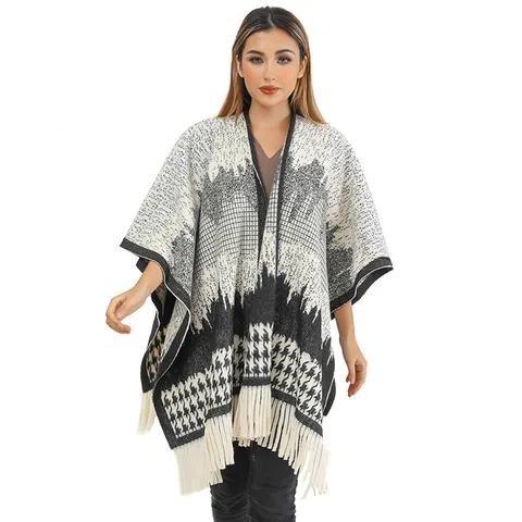 Women Houndstooth Plait Knit Shawl Thickened Warm Tassel Poncho Cape For Winter Autumn Outdoor Long Wrap Blanket Scarf