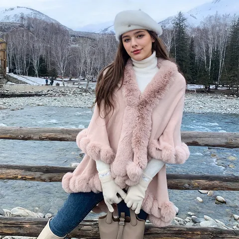 Elegant Double Layer Knit Poncho Cloak With Faux Fur Trim Warm Winter Wrap Socialite Outerwear For Women Party Shawl