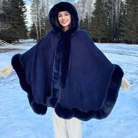 Women Winter Warm Knit Hooded Shawl Cloak Faux Fur Trim Thick Acrylic Long Poncho Cape Outwear Wrap