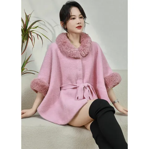 Dames Elegante Faux Mink Fur Poncho Kaap Koreaanse Stijl Grote Bontkraag Met Riem Staande Kraag Korte Jas Herfst Winter Warme Sjaal
