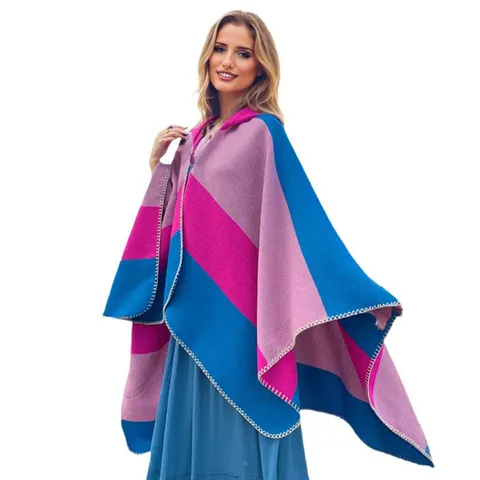 Women Hooded Knitted Cape Shawl Western Street Style Striped Pattern Fringe Warm Poncho Coat Cozy Outdoor Cape For Fall Winter