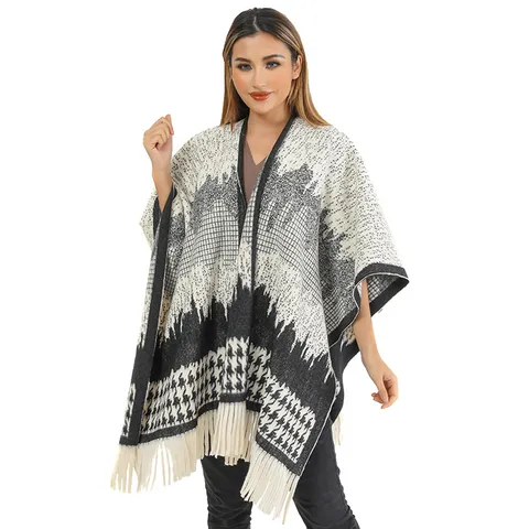 Women Houndstooth Plait Knit Shawl Thickened Warm Tassel Poncho Cape For Winter Autumn Outdoor Long Wrap Blanket Scarf