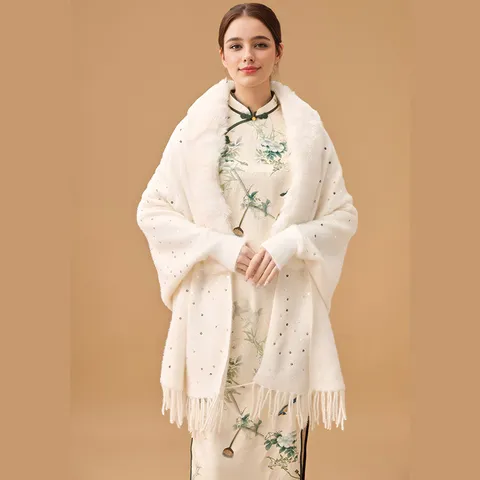 Women Faux Fur Collar Sequin Knit Shawl Cape With Sleeve Tassel Warm Winter Poncho Wrap For Wedding Party Evening