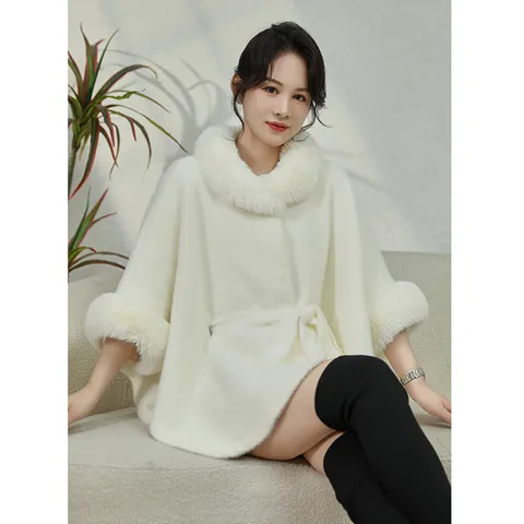 Dames Elegante Faux Mink Fur Poncho Kaap Koreaanse Stijl Grote Bontkraag Met Riem Staande Kraag Korte Jas Herfst Winter Warme Sjaal