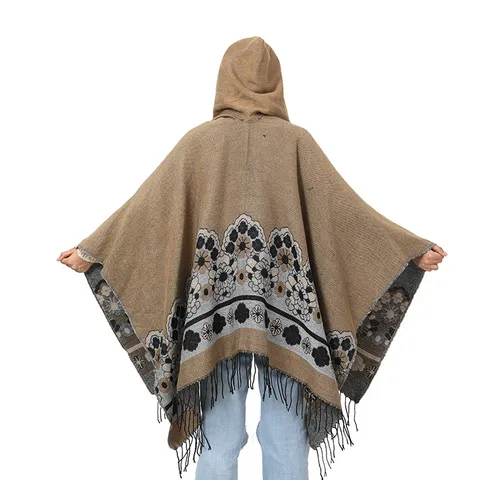 Women Hooded Floral Jacquard Poncho Cloak With Tassels Open Front Woven Scarf Blanket Shawl Warm Outdoor Winter Outerwear Top