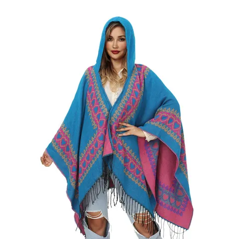 Dames Gebreide Poncho met Capuchon Imitatie Kasjmier Hartpatroon Jacquard Kwastjes Sjaal Wikkel Herfst Winter Warm Outdoor Top